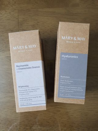 마리엔메이 히알루로닉스 세럼 ,나이아신아마이드 모과 세럼, 마린콜라겐 세럼, 청귤 흰목이버섯 추출물 세럼 — 5점을 준 리뷰어가 2021년 10월 올린 사용 사진
