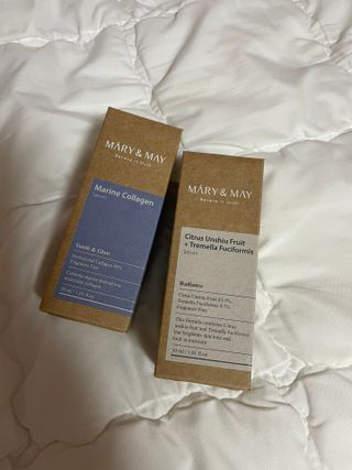 마리엔메이 히알루로닉스 세럼 ,나이아신아마이드 모과 세럼, 마린콜라겐 세럼, 청귤 흰목이버섯 추출물 세럼 — 5점을 준 리뷰어가 2022년 1월 올린 사용 사진