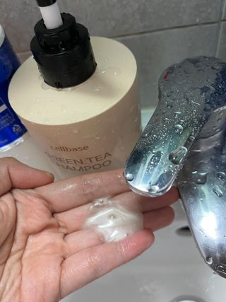 프리마인 더이상 뻣뻣하고 효과없는 탈모샴푸는 NO. 근본부터 케어하는 셀베이스 그린티샴푸(500ml) — 4.5점을 준 리뷰어가 2023년 3월 올린 사용 사진