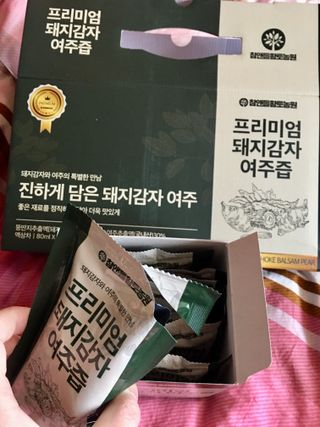 참앤들황토농원 국내산 돼지감자와 여주를 진하게 담은, 프리미엄 돼지감자 여주즙 80ml X 30포 1박스 — 5점을 준 리뷰어가 2023년 2월 올린 사용 사진