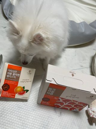 자연에온 핑크 자몽 착즙 100mL 10개입 1BOX +가 득담은 자몽 콜라겐 젤리스틱 1BOX — 5점을 준 리뷰어가 2021년 7월 올린 사용 사진