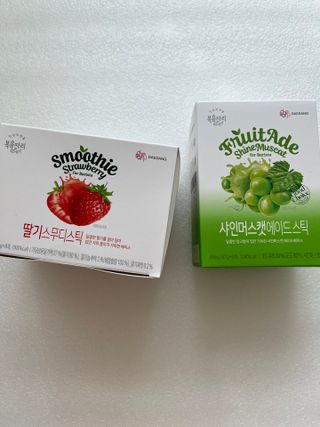 [복음자리] 바리스타 패키지 2종 랜덤발송 (딸기스무디 스틱+샤인머스캣에이드 or 망고스무디+자몽에이드) — 5점을 준 리뷰어가 2022년 7월 올린 사용 사진