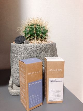 마리엔메이 히알루로닉스 세럼 ,나이아신아마이드 모과 세럼, 마린콜라겐 세럼, 청귤 흰목이버섯 추출물 세럼 — 5점을 준 리뷰어가 2021년 10월 올린 사용 사진