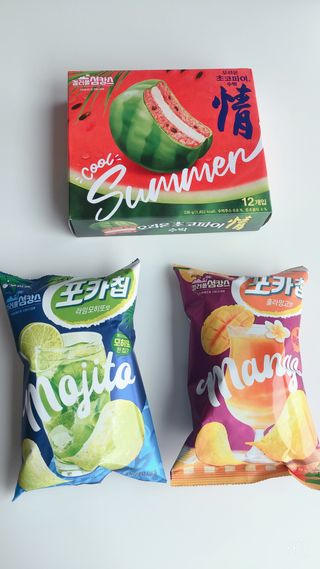 2022 오리온 여름한정판 초코파이 수박 / 포카칩 훌라망고맛 / 포카칩 라임모히또맛 — 4.5점을 준 리뷰어가 2022년 7월 올린 사용 사진