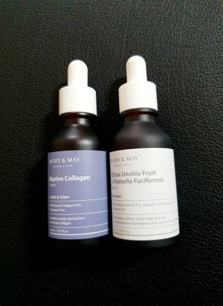 마리엔메이 히알루로닉스 세럼 ,나이아신아마이드 모과 세럼, 마린콜라겐 세럼, 청귤 흰목이버섯 추출물 세럼 — 4.5점을 준 리뷰어가 2021년 10월 올린 사용 사진