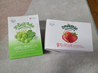 [복음자리] 바리스타 패키지 2종 랜덤발송 (딸기스무디 스틱+샤인머스캣에이드 or 망고스무디+자몽에이드) — 5점을 준 리뷰어가 2022년 7월 올린 사용 사진