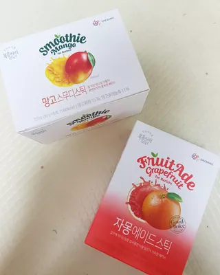 [복음자리] 바리스타 패키지 2종 랜덤발송 (딸기스무디 스틱+샤인머스캣에이드 or 망고스무디+자몽에이드) — 4점을 준 리뷰어가 2022년 8월 올린 사용 사진