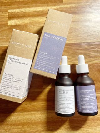 마리엔메이 히알루로닉스 세럼 ,나이아신아마이드 모과 세럼, 마린콜라겐 세럼, 청귤 흰목이버섯 추출물 세럼 — 5점을 준 리뷰어가 2021년 10월 올린 사용 사진