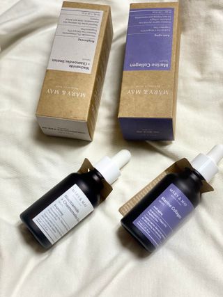 마리엔메이 히알루로닉스 세럼 ,나이아신아마이드 모과 세럼, 마린콜라겐 세럼, 청귤 흰목이버섯 추출물 세럼 — 5점을 준 리뷰어가 2021년 10월 올린 사용 사진