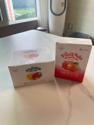 [복음자리] 바리스타 패키지 2종 랜덤발송 (딸기스무디 스틱+샤인머스캣에이드 or 망고스무디+자몽에이드) — 5점을 준 리뷰어가 2022년 7월 올린 사용 사진