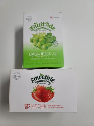 [복음자리] 바리스타 패키지 2종 랜덤발송 (딸기스무디 스틱+샤인머스캣에이드 or 망고스무디+자몽에이드) — 5점을 준 리뷰어가 2022년 7월 올린 사용 사진