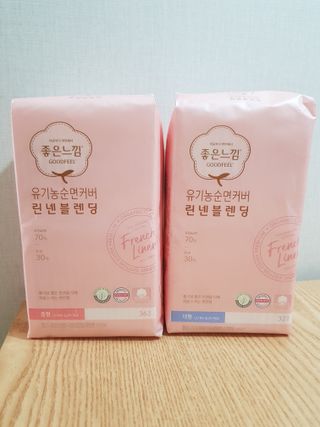 나무드 [유한킴벌리] 좋은느낌 유기농 순면 린넨블렌딩 생리대,롱라이너 중형 36매 1개 + 대형 32매 1개 — 5점을 준 리뷰어가 2021년 10월 올린 사용 사진