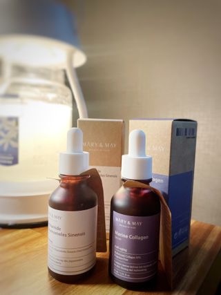마리엔메이 히알루로닉스 세럼 ,나이아신아마이드 모과 세럼, 마린콜라겐 세럼, 청귤 흰목이버섯 추출물 세럼 — 5점을 준 리뷰어가 2021년 10월 올린 사용 사진