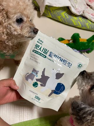 [펫시밀] 원물그대로 영양듬뿍 진공동결건조 치킨텐더100g, 열빙어트릿100g 강아지 고양이 간식 — 5점을 준 리뷰어가 2023년 5월 올린 사용 사진