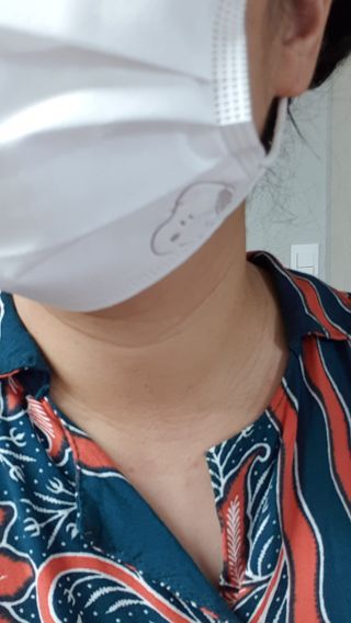 JHWORLD 스누피 마스크 정품 스누피 KF-AD 국내 비말차단 아동용 성인용 일회용 덴탈마스크 50매 — 5점을 준 리뷰어가 2021년 6월 올린 사용 사진