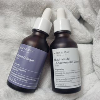 마리엔메이 히알루로닉스 세럼 ,나이아신아마이드 모과 세럼, 마린콜라겐 세럼, 청귤 흰목이버섯 추출물 세럼 — 5점을 준 리뷰어가 2022년 4월 올린 사용 사진