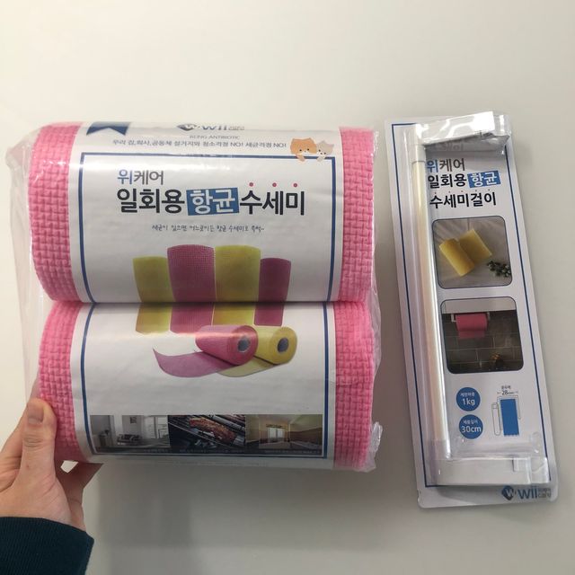 위케어 일회용 향균 수세미 50매 2롤 세트 총 100매 Pink 리뷰 사진