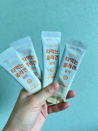 [음료수 대신 가능!]  빠르게 흡수되는 아임오 타먹는 콜라겐 1박스 — 5점을 준 리뷰어가 2023년 4월 올린 사용 사진