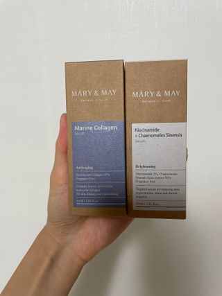 마리엔메이 히알루로닉스 세럼 ,나이아신아마이드 모과 세럼, 마린콜라겐 세럼, 청귤 흰목이버섯 추출물 세럼 — 5점을 준 리뷰어가 2021년 10월 올린 사용 사진