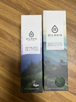 오일아리아 뉴트리 모이스처라이징 세사미 씨드 오일로션 & 데일리 디톡스 세사미 그라운즈 바디스크럽 — 3점을 준 리뷰어가 2023년 8월 올린 사용 사진