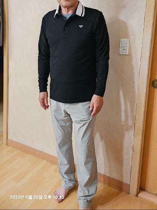 [구매평]다운블로우 스포츠 남성 골프웨어 PK 배색 카라 긴팔 티셔츠 DB 6518 — 5점을 준 리뷰어가 2025년 9월 올린 사용 사진