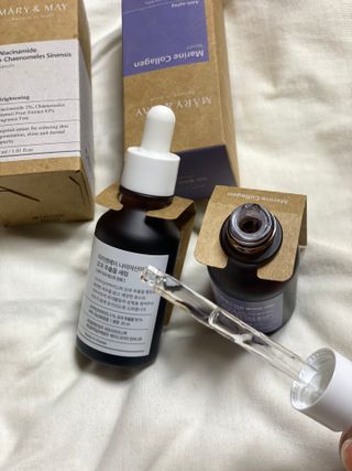 마리엔메이 히알루로닉스 세럼 ,나이아신아마이드 모과 세럼, 마린콜라겐 세럼, 청귤 흰목이버섯 추출물 세럼 — 5점을 준 리뷰어가 2021년 10월 올린 사용 사진