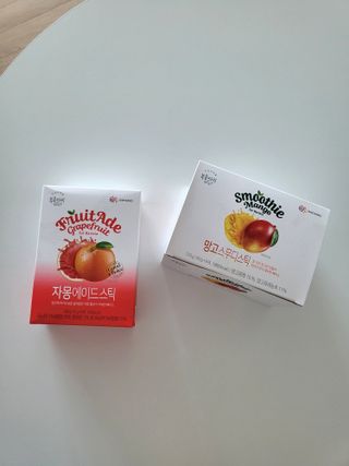 [복음자리] 바리스타 패키지 2종 랜덤발송 (딸기스무디 스틱+샤인머스캣에이드 or 망고스무디+자몽에이드) — 5점을 준 리뷰어가 2022년 7월 올린 사용 사진