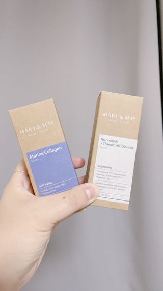 마리엔메이 히알루로닉스 세럼 ,나이아신아마이드 모과 세럼, 마린콜라겐 세럼, 청귤 흰목이버섯 추출물 세럼 — 4.5점을 준 리뷰어가 2021년 10월 올린 사용 사진