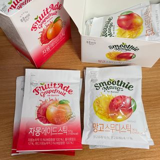 [복음자리] 바리스타 패키지 2종 랜덤발송 (딸기스무디 스틱+샤인머스캣에이드 or 망고스무디+자몽에이드) — 5점을 준 리뷰어가 2022년 7월 올린 사용 사진
