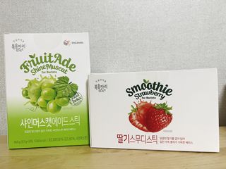 [복음자리] 바리스타 패키지 2종 랜덤발송 (딸기스무디 스틱+샤인머스캣에이드 or 망고스무디+자몽에이드) — 5점을 준 리뷰어가 2022년 7월 올린 사용 사진