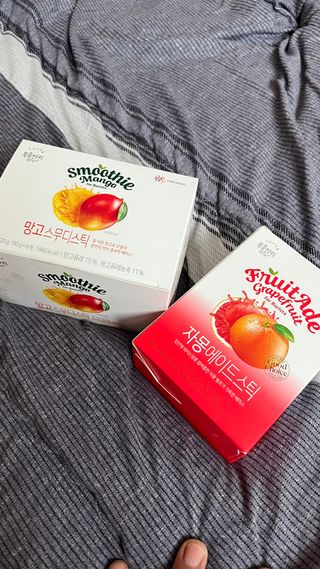 [복음자리] 바리스타 패키지 2종 랜덤발송 (딸기스무디 스틱+샤인머스캣에이드 or 망고스무디+자몽에이드) — 5점을 준 리뷰어가 2022년 7월 올린 사용 사진