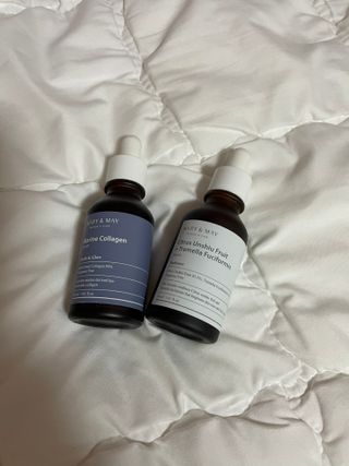 마리엔메이 히알루로닉스 세럼 ,나이아신아마이드 모과 세럼, 마린콜라겐 세럼, 청귤 흰목이버섯 추출물 세럼 — 5점을 준 리뷰어가 2022년 1월 올린 사용 사진