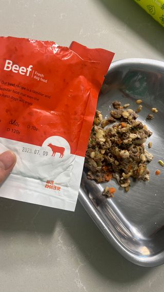 씽크라이크펫 강아지 화식 (50g 소/닭/오리/양 1팩씩 4팩) — 5점을 준 리뷰어가 2023년 1월 올린 사용 사진