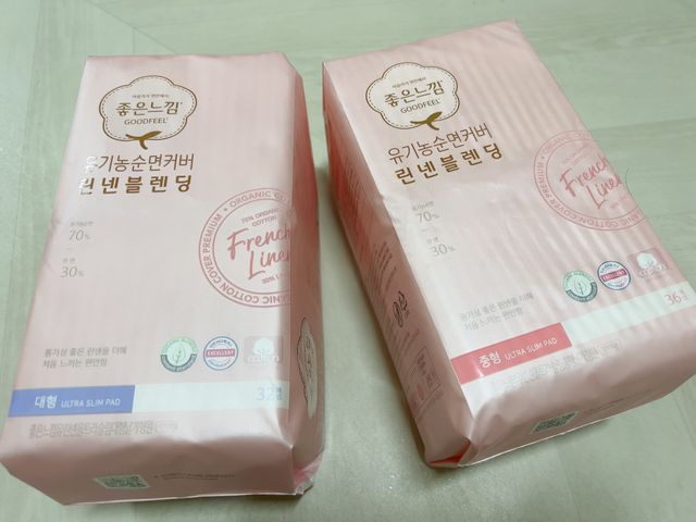[유한킴벌리] 좋은느낌 유기농 순면 린넨블렌딩 생리대,롱라이너 중형 36매 1개 + 대형 32매 1개 리뷰 사진