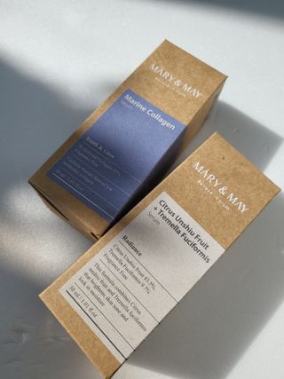 마리엔메이 히알루로닉스 세럼 ,나이아신아마이드 모과 세럼, 마린콜라겐 세럼, 청귤 흰목이버섯 추출물 세럼 — 5점을 준 리뷰어가 2021년 10월 올린 사용 사진