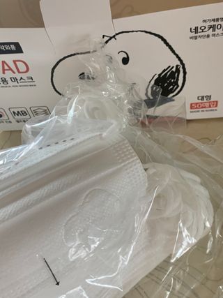 JHWORLD 스누피 마스크 정품 스누피 KF-AD 국내 비말차단 아동용 성인용 일회용 덴탈마스크 50매 — 5점을 준 리뷰어가 2021년 6월 올린 사용 사진